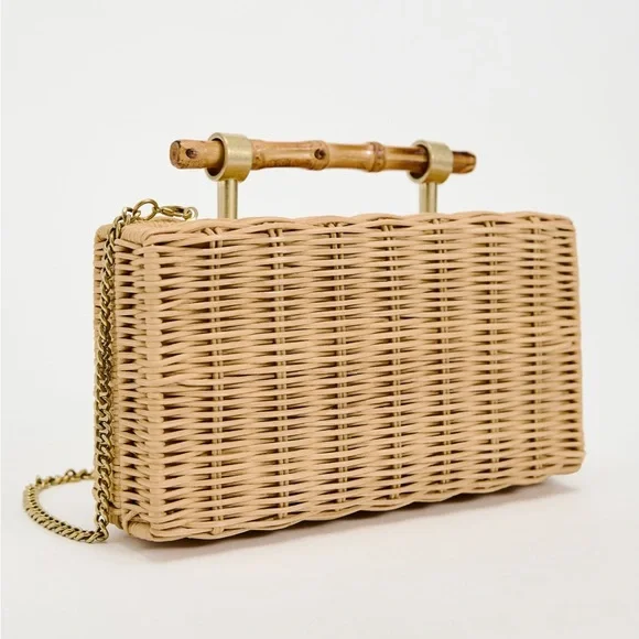 Zara | Bags | Zara Woven Box Bag Light Beige Crossbody Gold